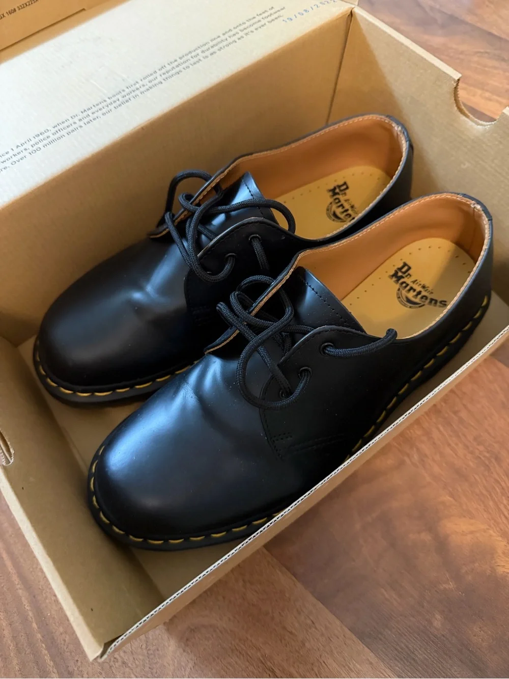 Dr. Martens Black Leather 3-Eye Derby Shoes with Yellow Stitching